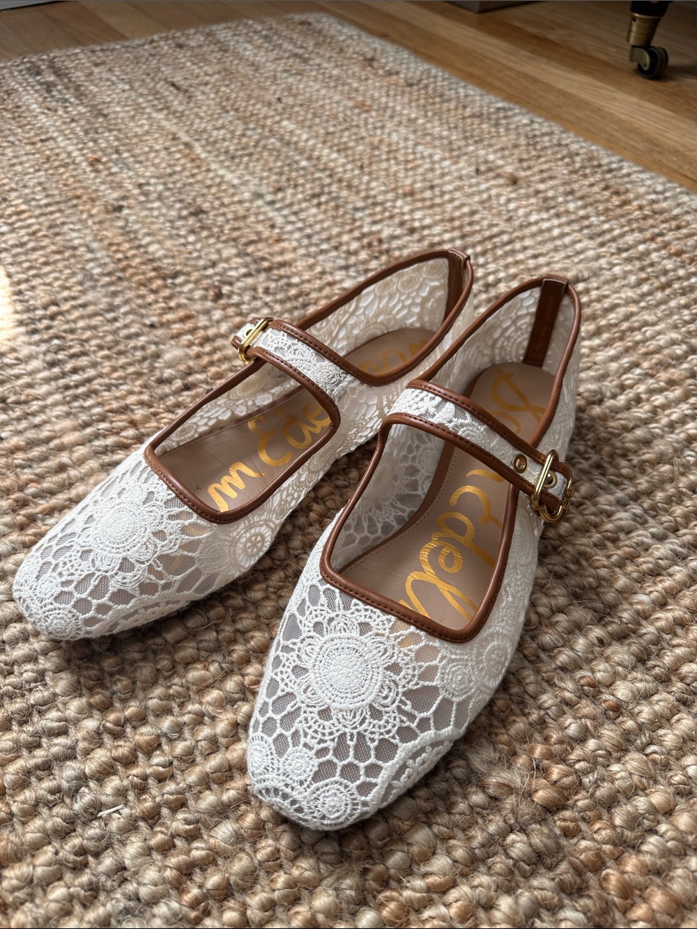 Sam Edelman White Lace Mary Jane Flats with Brown Trim 9